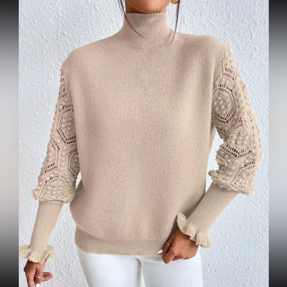 Cozy Cowl High Neck Eyelet Detail Flounce Sleeve Sweater - Picture 3 of 9